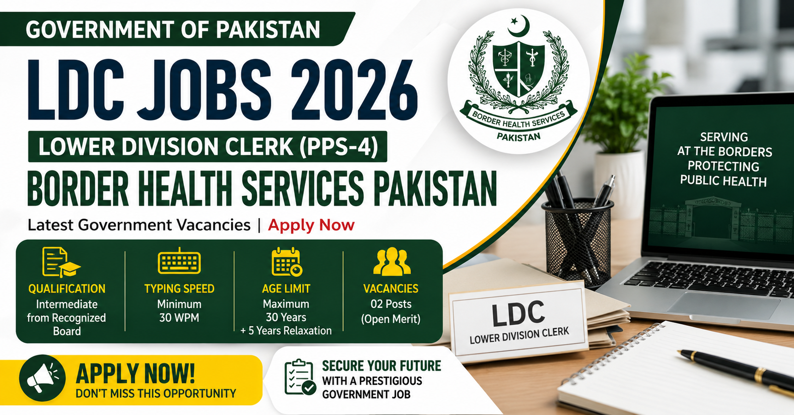 Lower Division Clerk LDC Jobs 2026 – Border Health Services Pakistan PPS-4 Latest Government Vacancies
