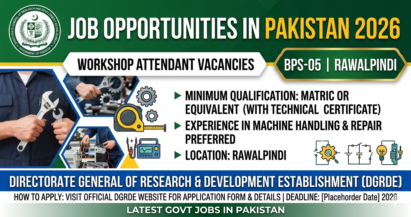 Workshop Attendant Jobs in Pakistan 2026– DGRDE Government of Pakistan BPS-05 Latest Vacancy in Rawalpindi