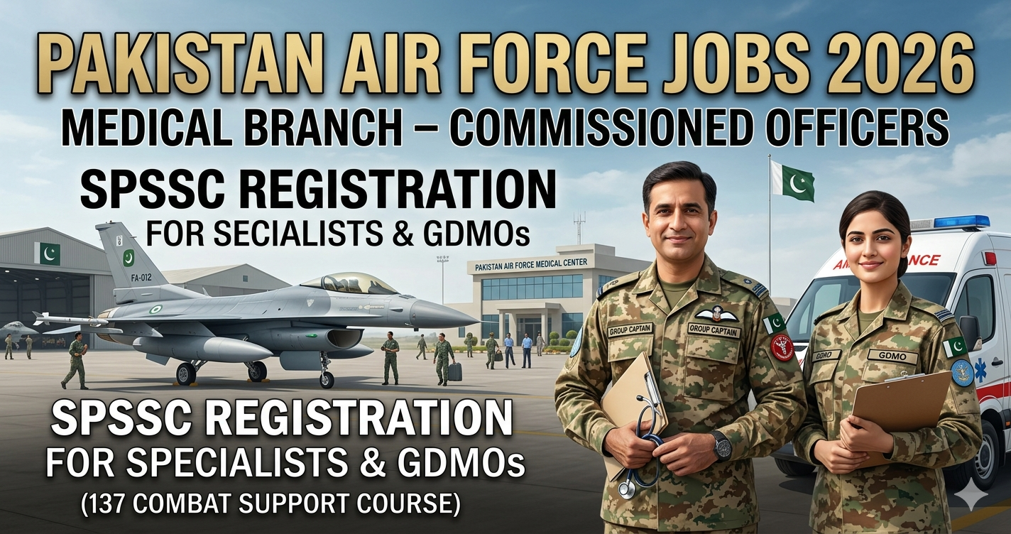 Pakistan Air Force Jobs 2026 Medical Branch– Commissioned Officers SPSSC Registration for Specialists & GDMOs (137 Combat Support Course)